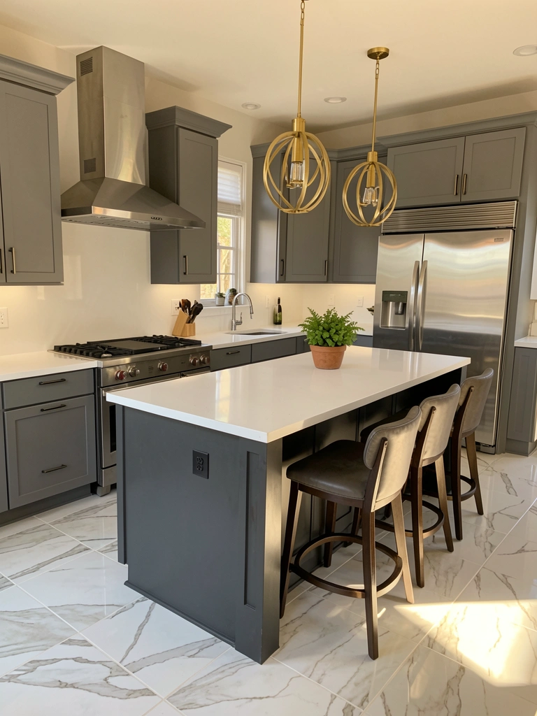 Luz natural incide sobre bancada de quartzo branco com cooktop de aço inox, coifa integrada e pendentes dourados sobre a ilha com vaso de planta.