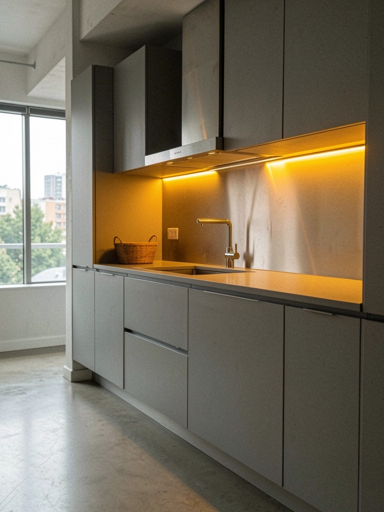 Luzes LED amarelas em sancas e nichos de uma cozinha, com bancada e armários ao fundo.
