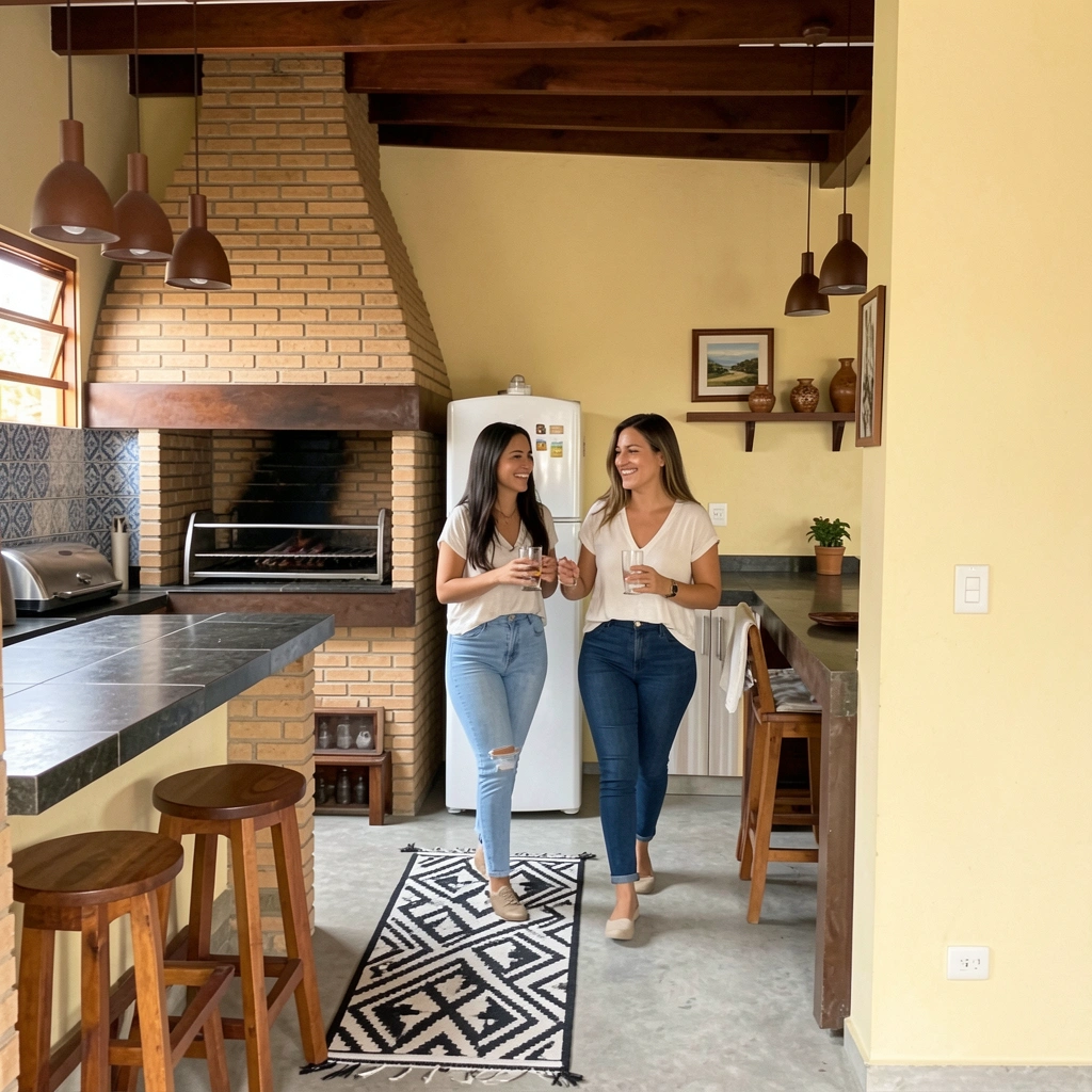 Pessoas circulando entre sala e cozinha gourmet com bancada e churrasqueira.