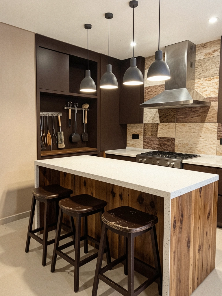 Armários com nichos organizados para utensílios de churrasco, como espetos e grelhas.