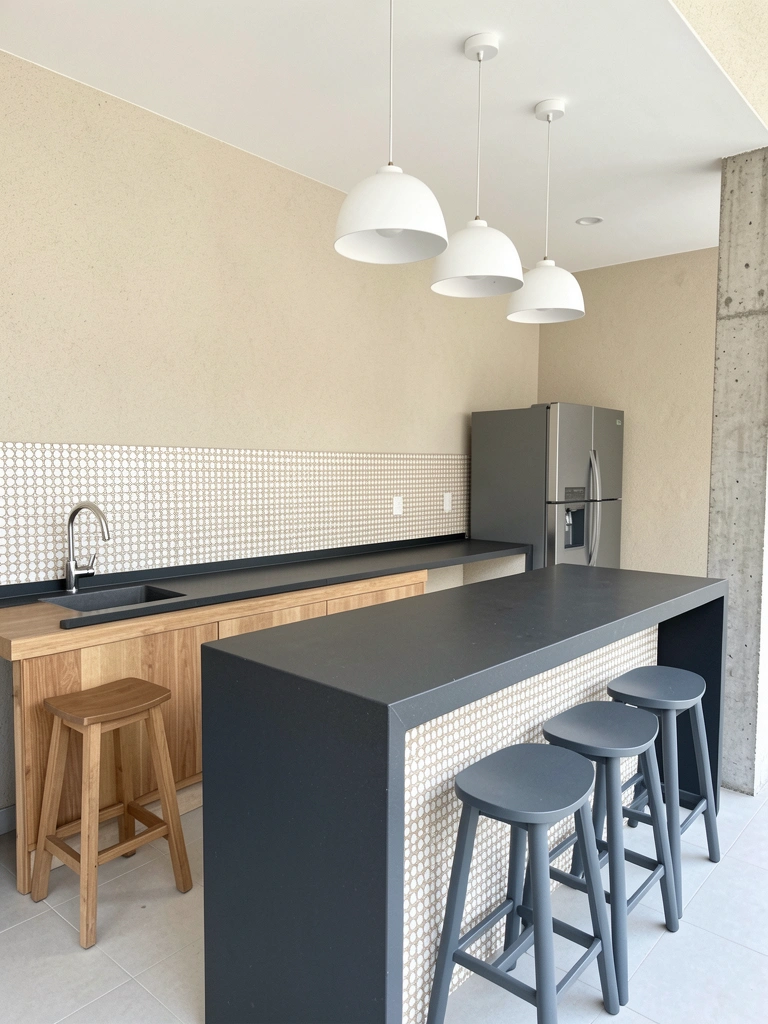 Cozinha gourmet com balcão de madeira, utensílios pendurados e plantas sobre a bancada.