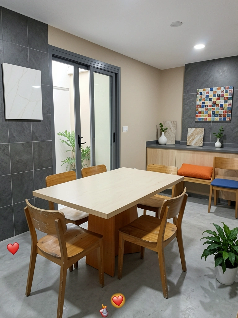 Três amostras de revestimento lado a lado: porcelanato, pastilha e pedra.