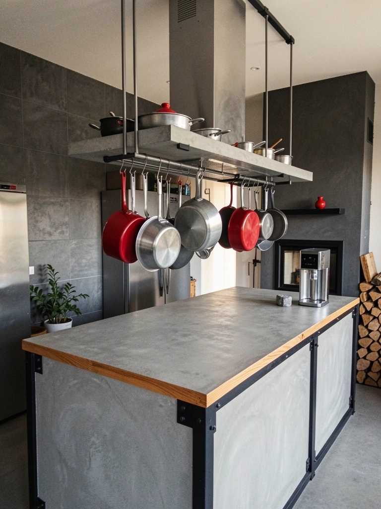Cozinha gourmet com iluminação indireta em sancas e exaustor metálico sobre bancada.