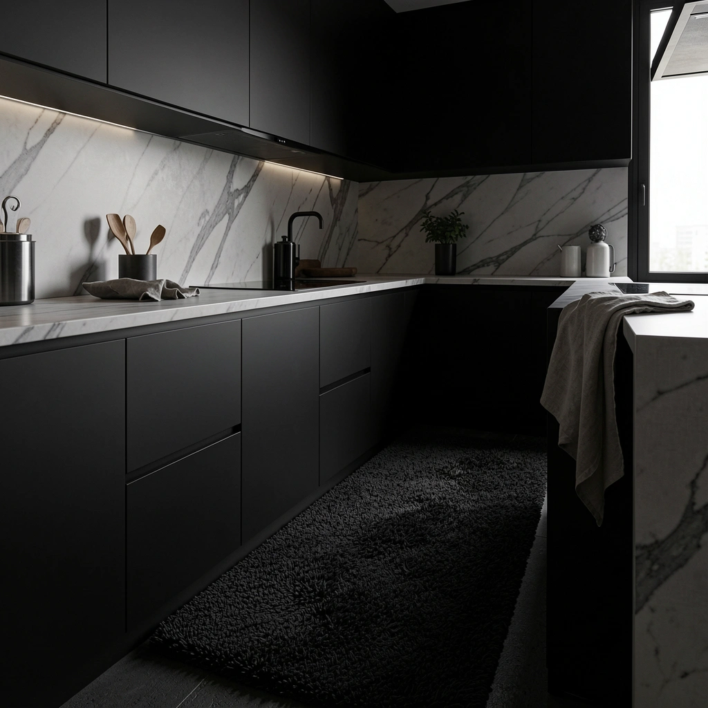 Bancada de mármore preto com textura felpuda em tom carvão e iluminação suave.