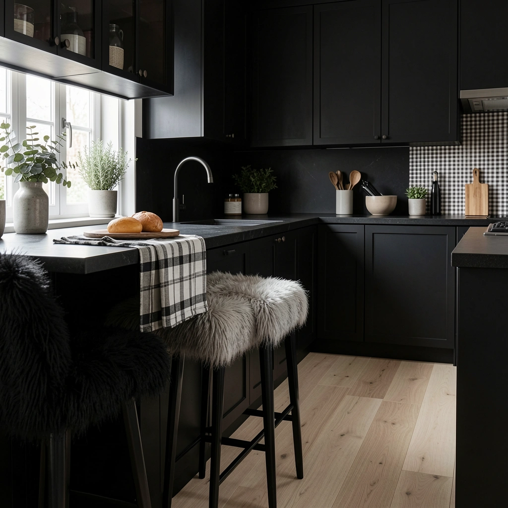 Bancos de pelo sintético preto, toalha xadrez de linho e piso de madeira clara em cozinha escura com luz natural.