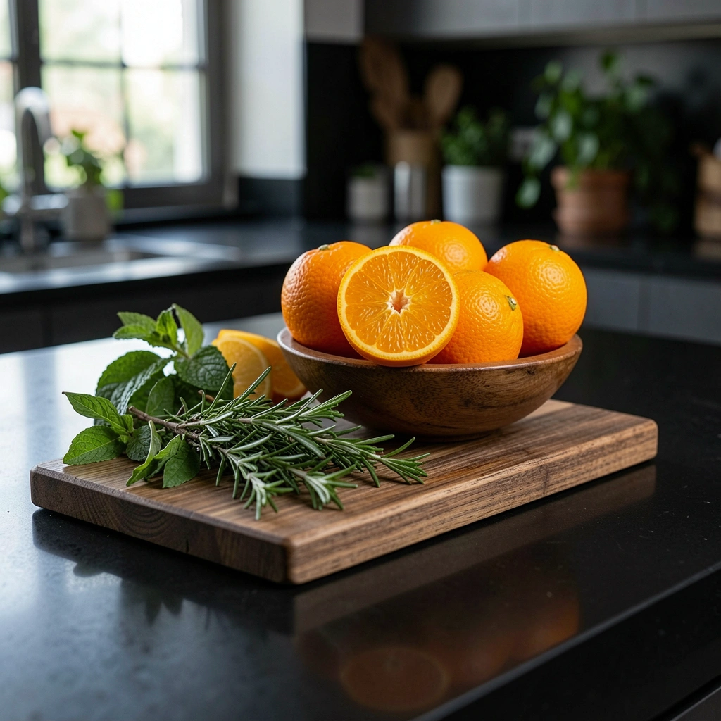Bancada preta com tábua de madeira clara, ervas frescas e frutas cítricas sob luz natural.