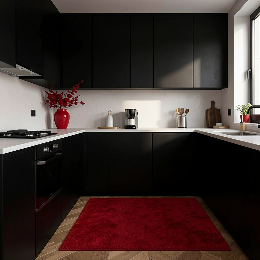 Armários pretos foscos, bancada de aço inoxidável e vaso vermelho como ponto focal.