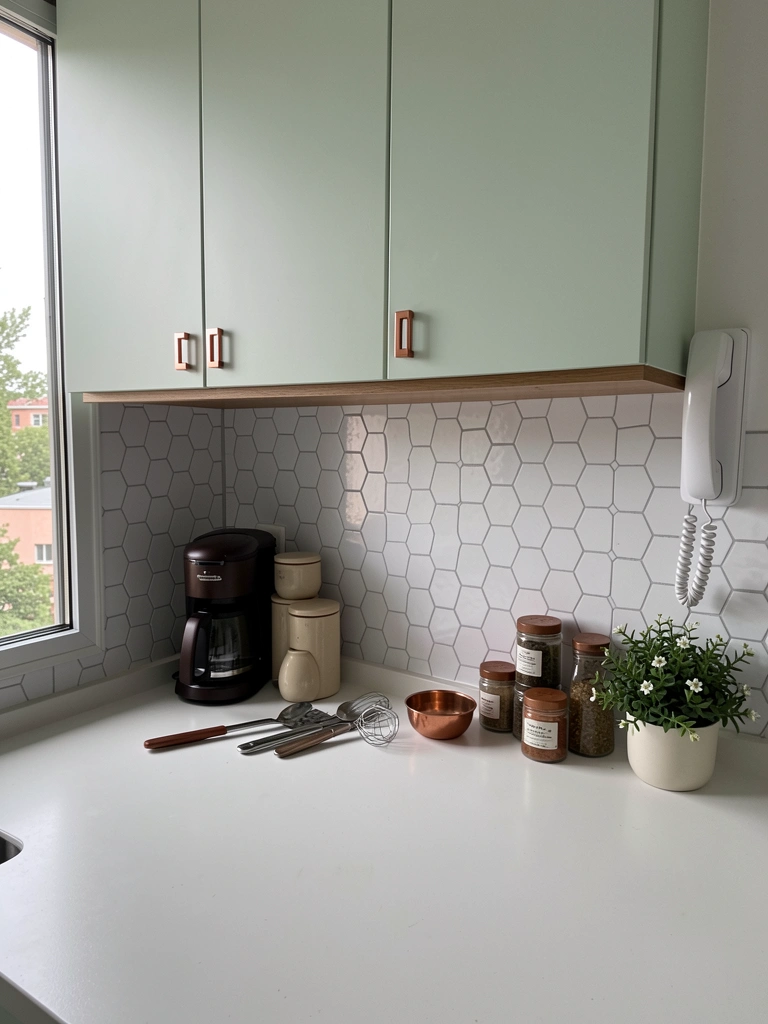 Cozinha com armários verdes, bancada de madeira, plantas e luz natural entrando pela janela.