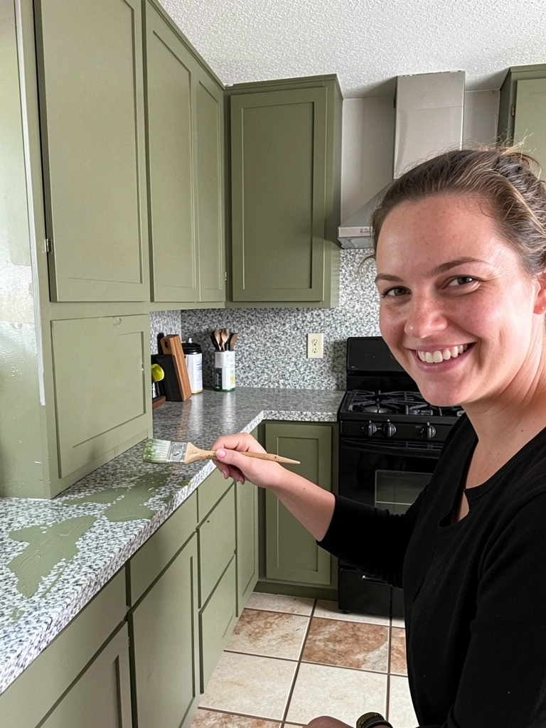 Mão segurando pincel aplicando tinta verde em armário de cozinha de madeira clara.
