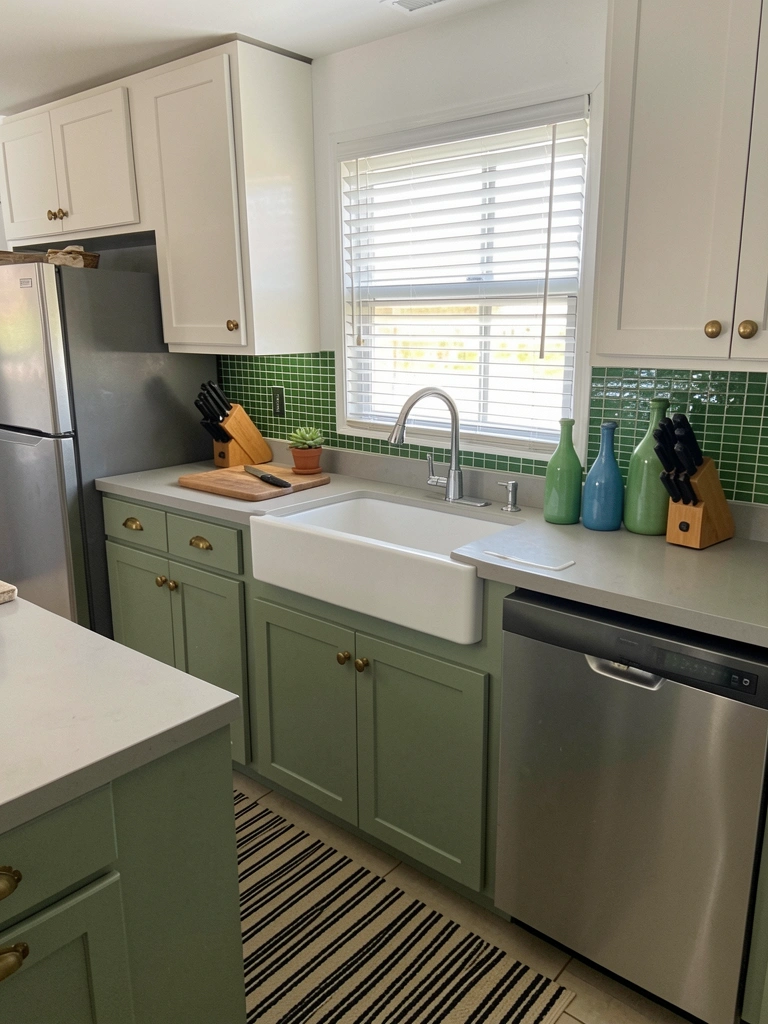 Parede revestida com pastilhas de vidro verde em uma cozinha com bancada clara.