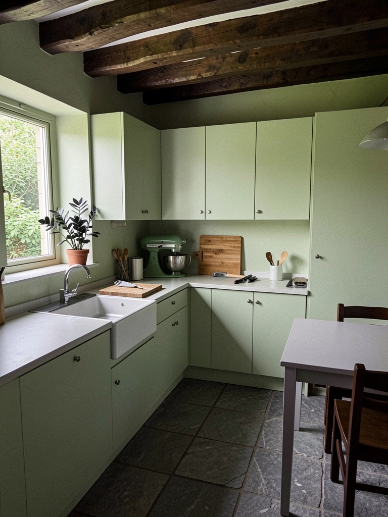 Batedeira verde sobre bancada de cozinha com utensílios ao lado