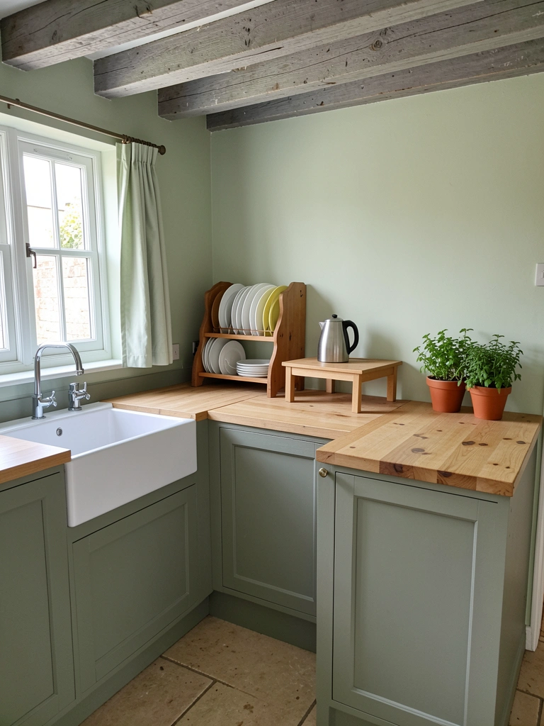 Cozinha compacta com parede verde clara, bancada branca e luz natural entrando pela janela.