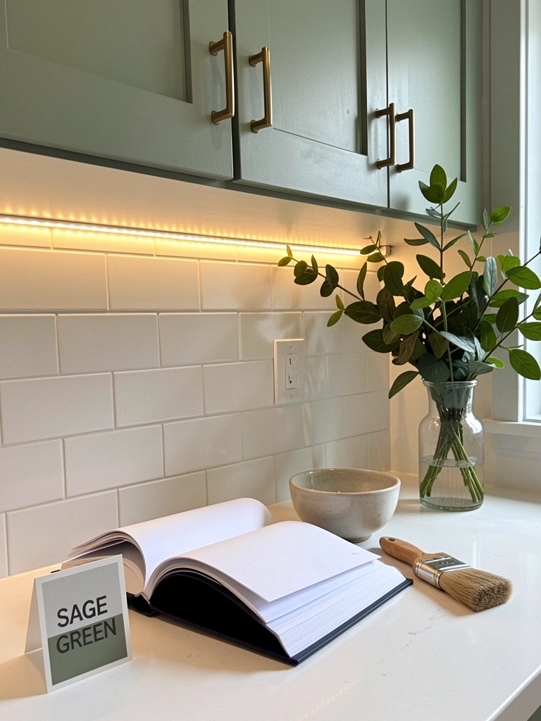 Luzes LED acesas sob armários verdes em uma cozinha pequena, destacando a bancada e o backsplash.