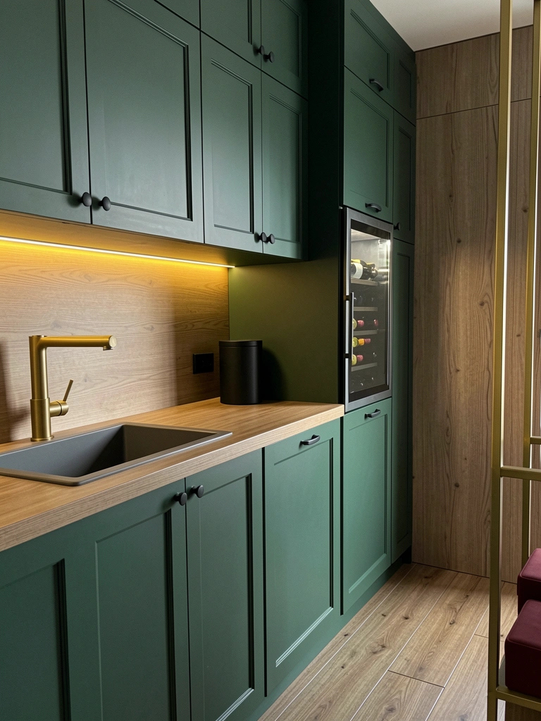 Colagem com quatro cozinhas verdes em estilos variados, incluindo armários, bancadas e azulejos.
