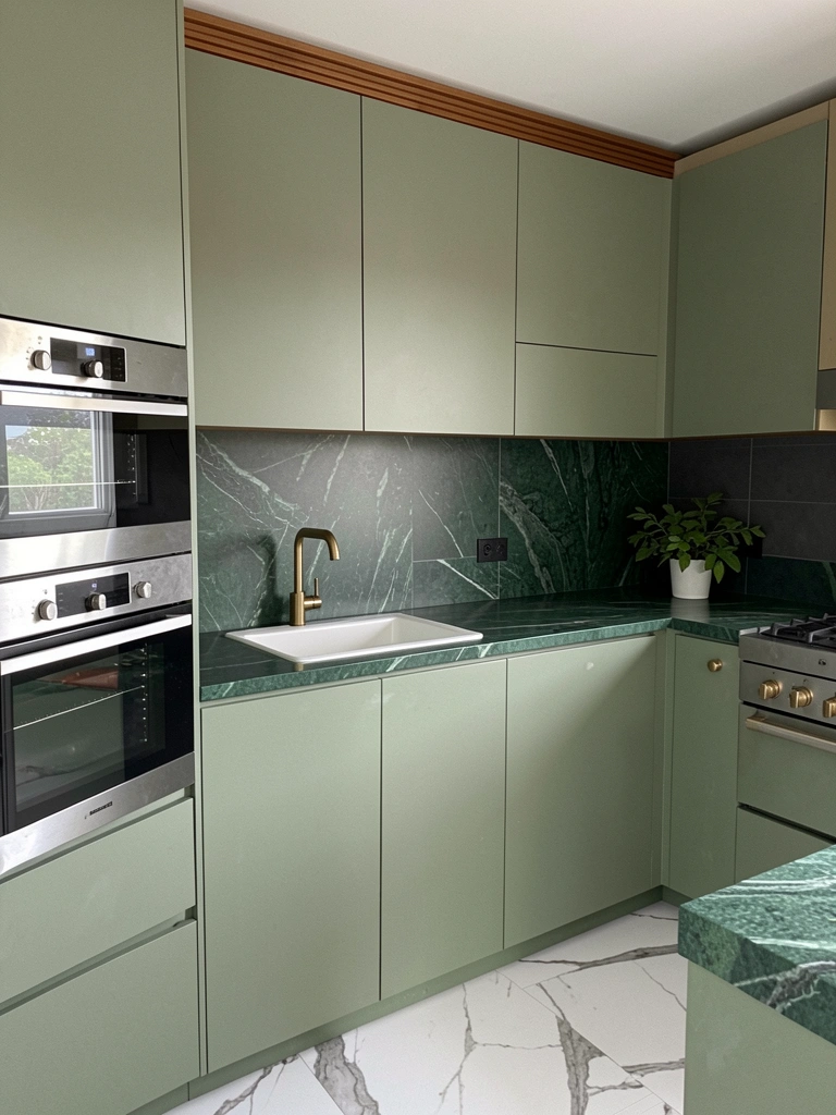 Bancada de mármore verde-esmeralda em cozinha com armários claros e iluminação natural.