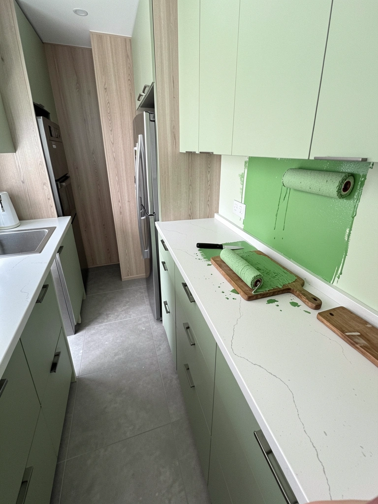 Rolo de tinta verde sobre parede sendo pintada, com respingos na superfície.