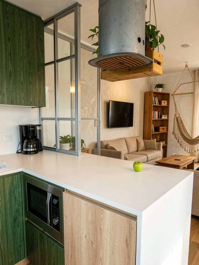 Bancada de cozinha americana com banquetas, separando visualmente o espaço da sala ao fundo.