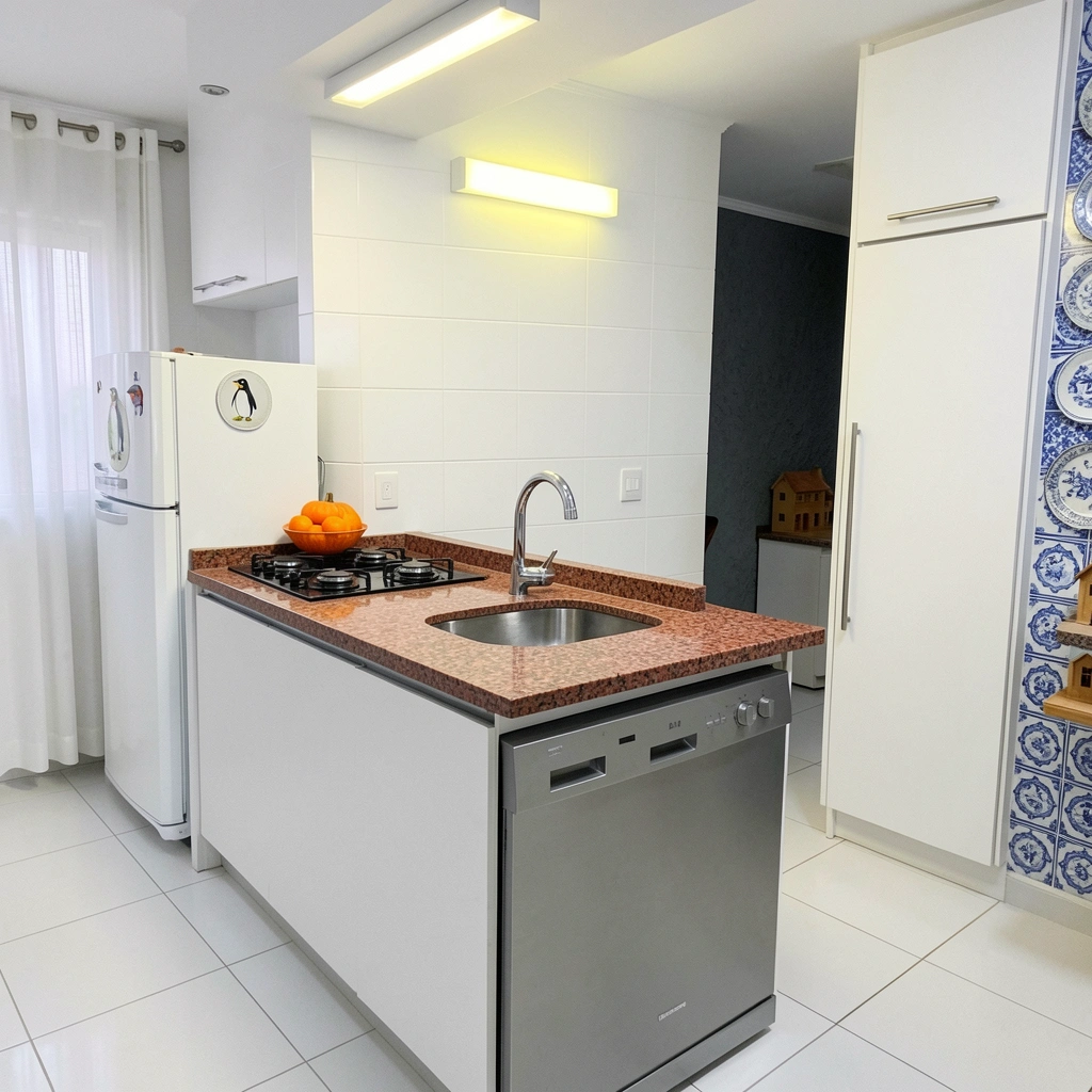 Armário de cozinha branco até o teto com puxador longo metálico