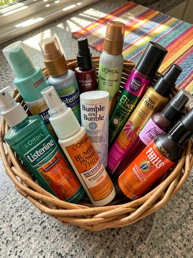 Cesta de vime com frascos coloridos de produtos capilares sobre bancada cinza salpicada, luz natural e tapete listrado ao fundo.
