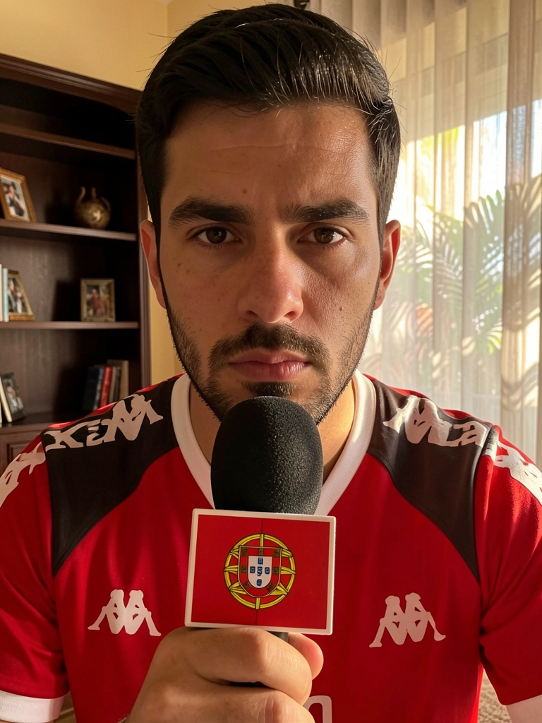 Homem com camisa da Kappa e microfone em close, estante de madeira escura e cortinas ao fundo, luz tropical filtrada.