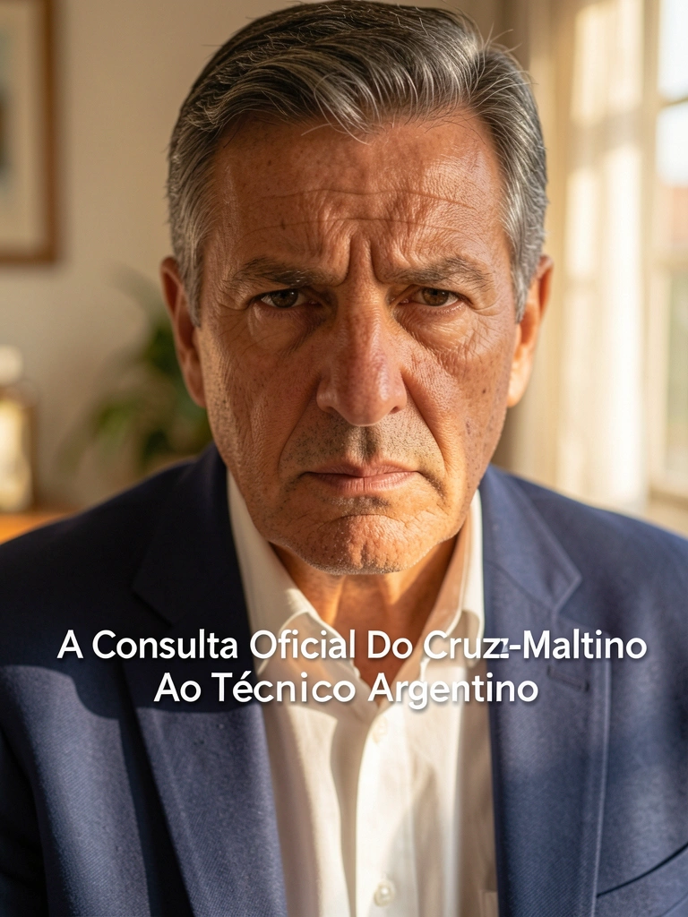 Retrato aproximado de técnico argentino de cabelos grisalhos, camisa branca e blazer azul escuro, olhar intenso e testa franzida, luz natural quente e fundo levemente desfocado.