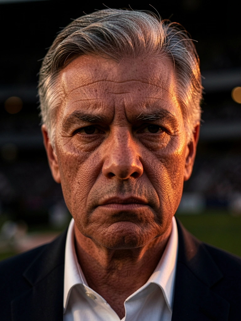 Homem de cabelos grisalhos, terno escuro e camisa branca, com luz dramática destacando rugas e olhar sério em estádio desfocado ao fundo.