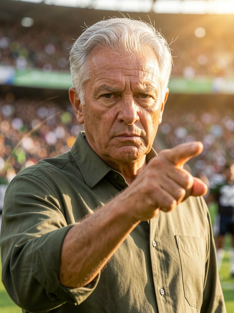Homem idoso de camisa verde-oliva apontando com a mão direita, fundo desfocado de estádio lotado com luz natural e sombras suaves.