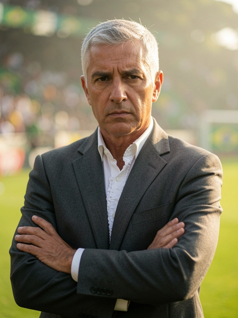 Treinador de futebol com cabelo grisalho e terno cinza escuro, braços cruzados, olhar sério, estádio desfocado ao fundo com grama verde e luz natural.