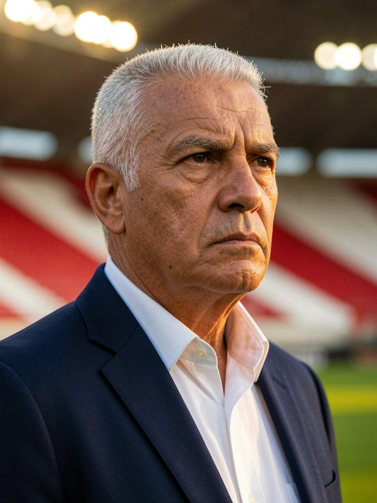 Homem de cabelos grisalhos e blazer azul-marinho, com expressão séria e foco distante, luz natural filtrada por refletores de estádio com listras vermelhas e brancas ao fundo.