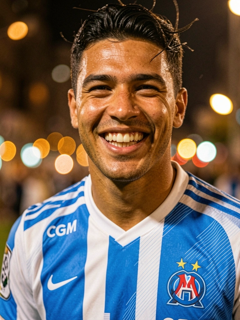 Jogador de futebol sorrindo com camisa azul e branca do Marseille, luzes da cidade ao fundo criando bokeh, vento movendo o cabelo