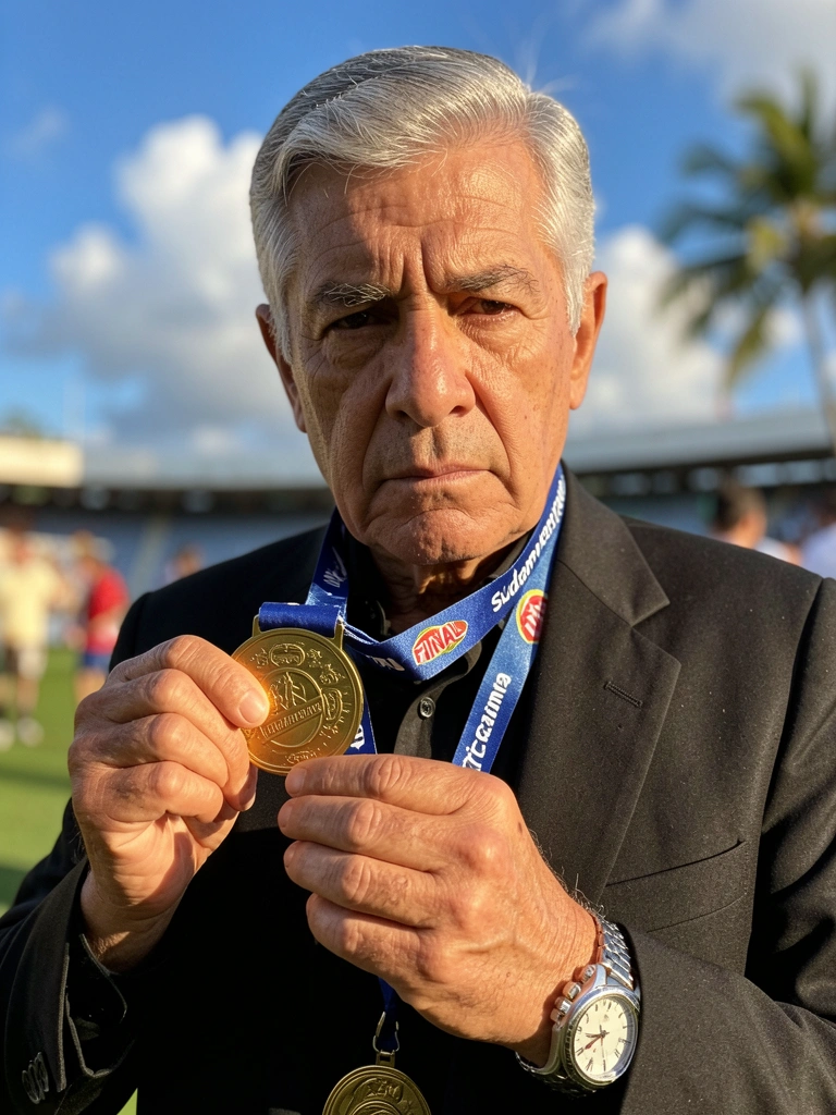Homem de cabelos grisalhos com terno preto e medalha de ouro, fundo de estádio desfocado com céu azul e nuvens.