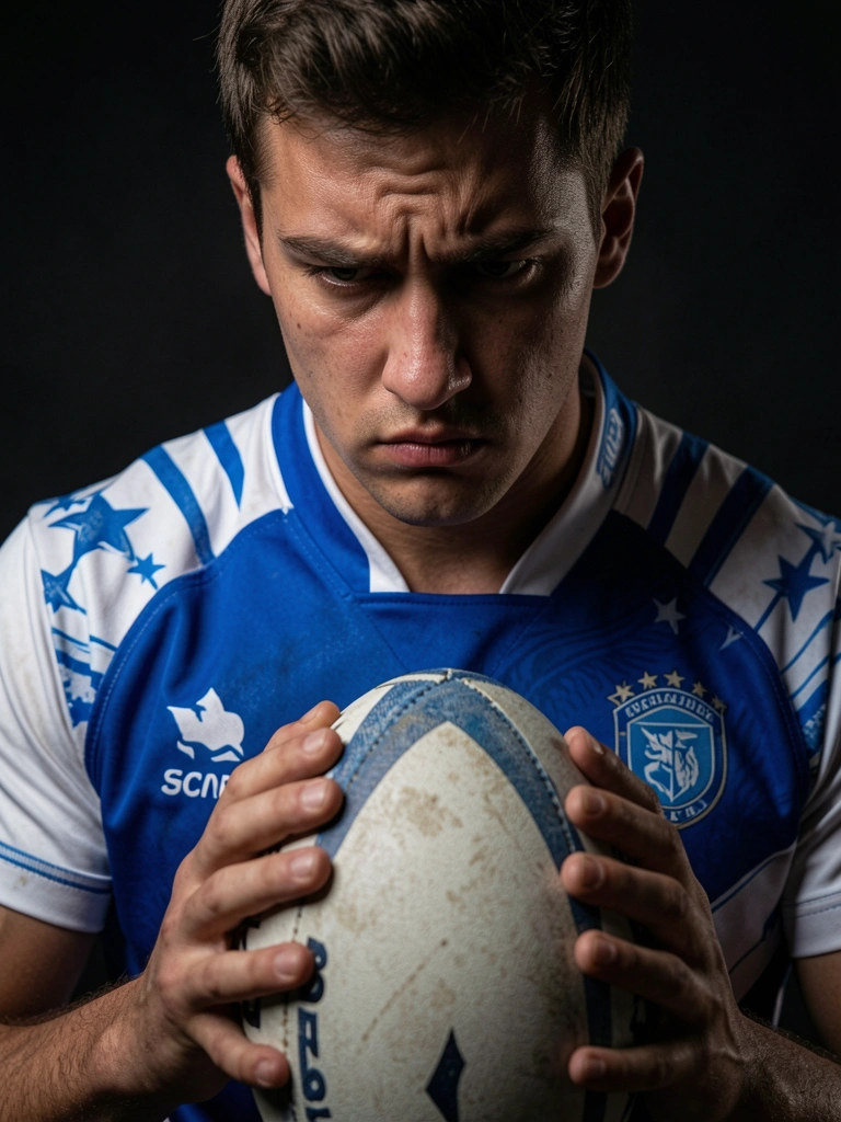 Jovem segurando bola de rugby, camisa azul e branca com estrelas e logo, expressão pensativa, iluminação dramática, fundo escuro.