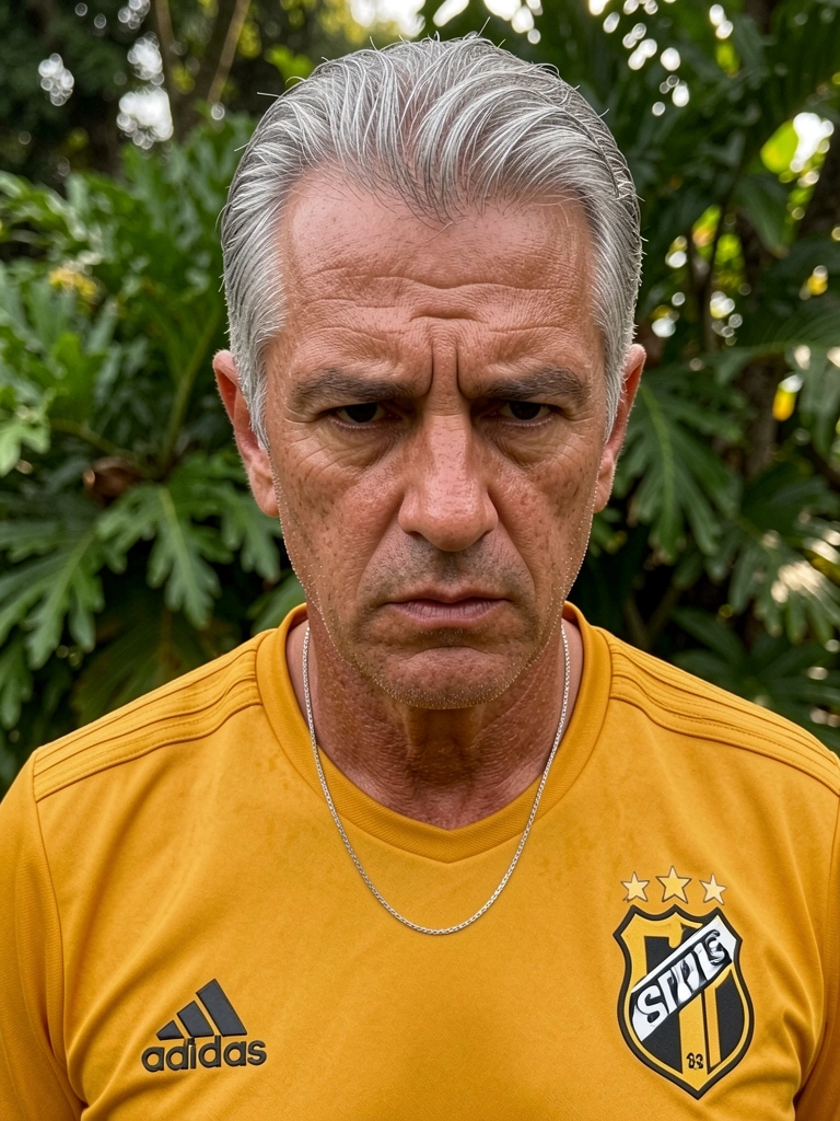 Close-up de Renato Gaúcho com jaqueta amarela mostarda e emblema do SPFC, olhar intenso, folhagem verde desfocada ao fundo, luz natural nublada.