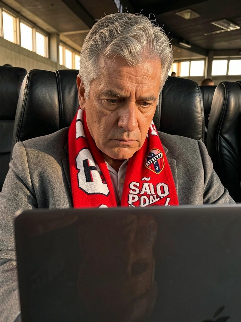 Homem de cabelos grisalhos usando terno cinza e cachecol vermelho do São Paulo, sentado em assento de couro preto em estádio, olhando para tela de laptop com luz natural filtrada.