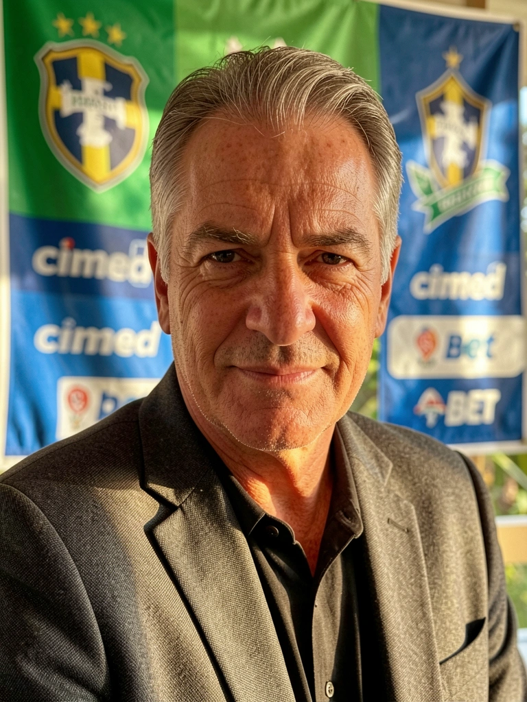 Close-up de treinador de futebol brasileiro de blazer cinza escuro, sorriso sutil, olhar intenso, ao fundo bandeira do time verde e azul com logos Cimed e Bet, luz natural quente filtrando pela janela.