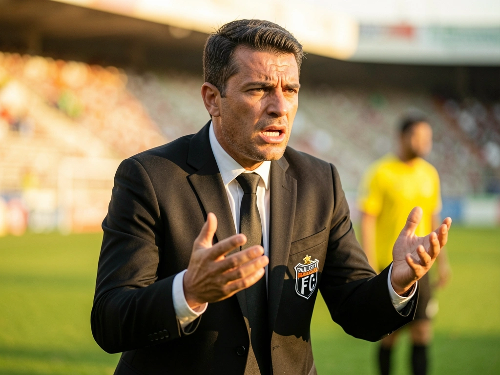Técnico de futebol de terno preto e gravata, com logotipo do Paulista FC no paletó, gesticulando intensamente em campo verde sob luz natural. Ao fundo, figura desfocada de camisa amarela.