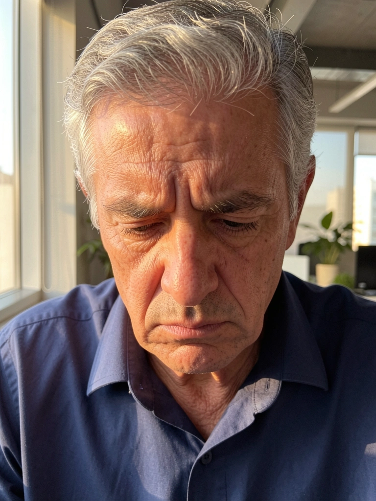 Close-up de homem grisalho com camisa azul escura, expressão contemplativa, luz natural filtrando pela janela.