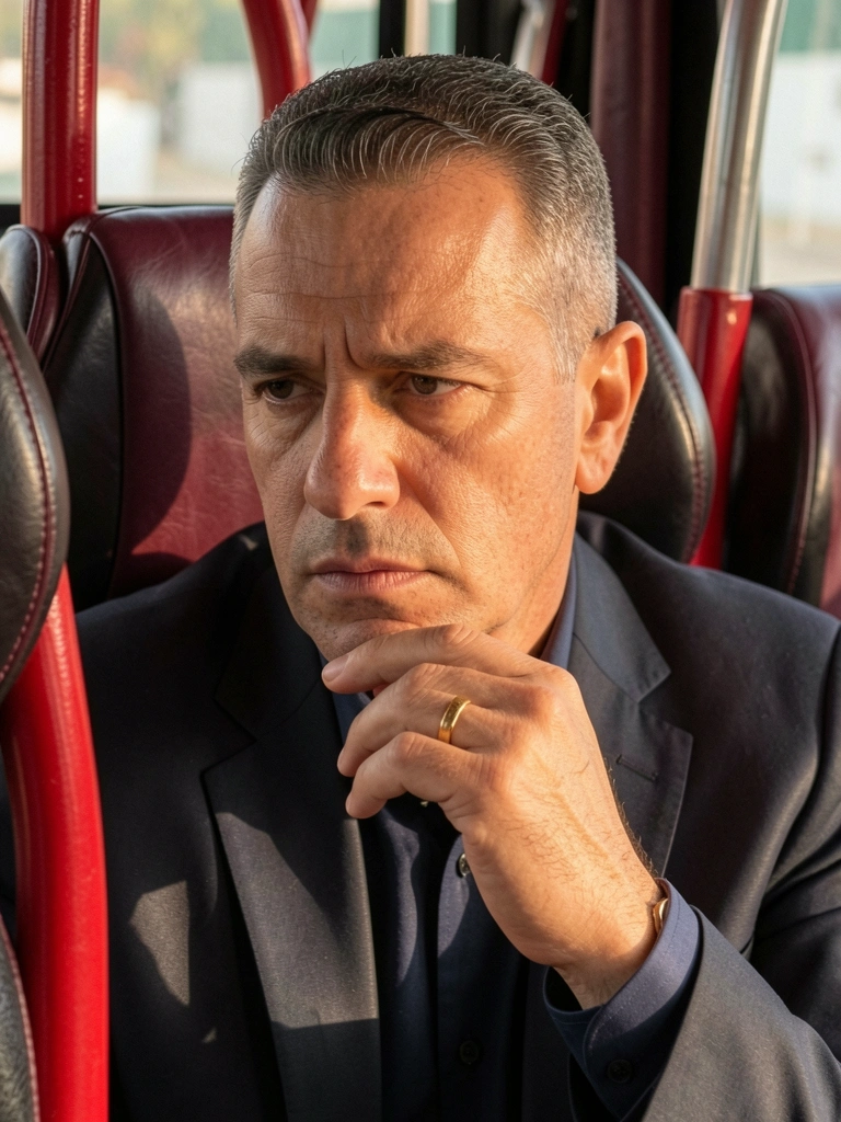 Técnico argentino sério de terno escuro sentado em poltrona de ônibus vinho e preto, anel de ouro na mão, luz natural e bancos desfocados ao fundo.