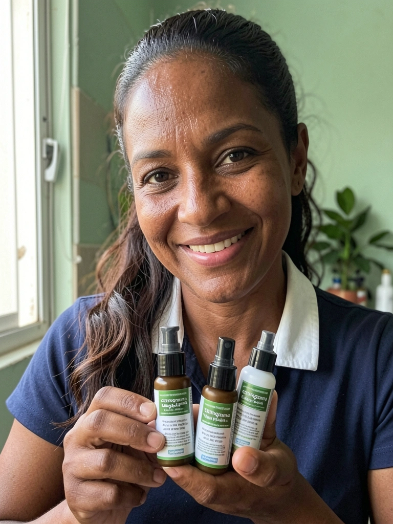 Mulher segurando produtos de cronograma capilar, com cabelos longos e brilhantes.