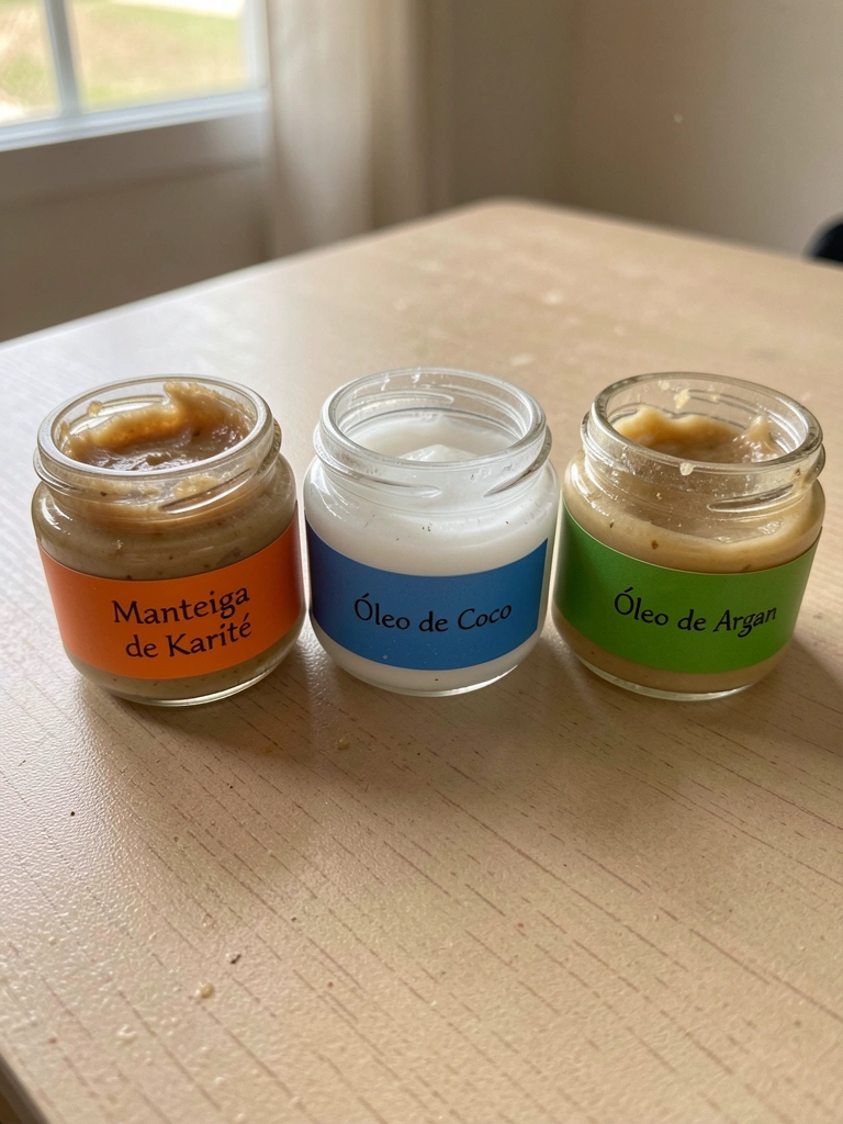 Potes de manteiga de karité, óleo de coco e óleo de argan sobre superfície neutra.