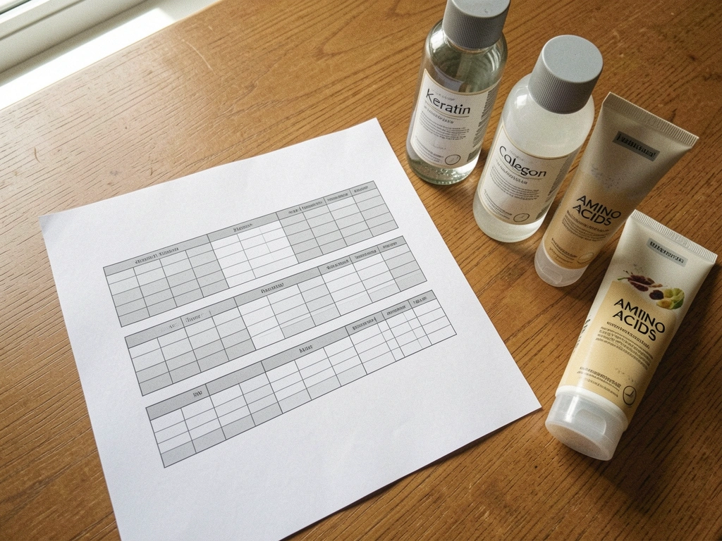 Frascos de vidro e bisnagas com produtos para cabelo sobre superfície clara, com rótulos indicando queratina, colágeno e aminoácidos.