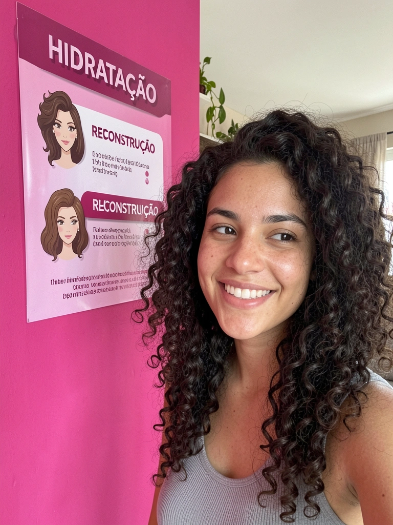 Mulher com cabelos cacheados definidos ao lado de um cronograma capilar ilustrado.