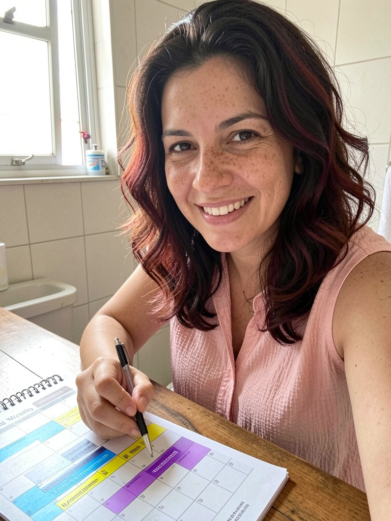 Calendário semanal com blocos coloridos: azul para hidratação, amarelo para nutrição e roxo para reconstrução.
