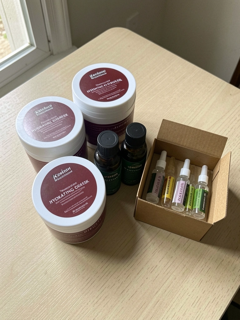 Três grupos de produtos para cabelo: máscaras hidratantes, óleos vegetais e ampolas de queratina sobre superfície clara.
