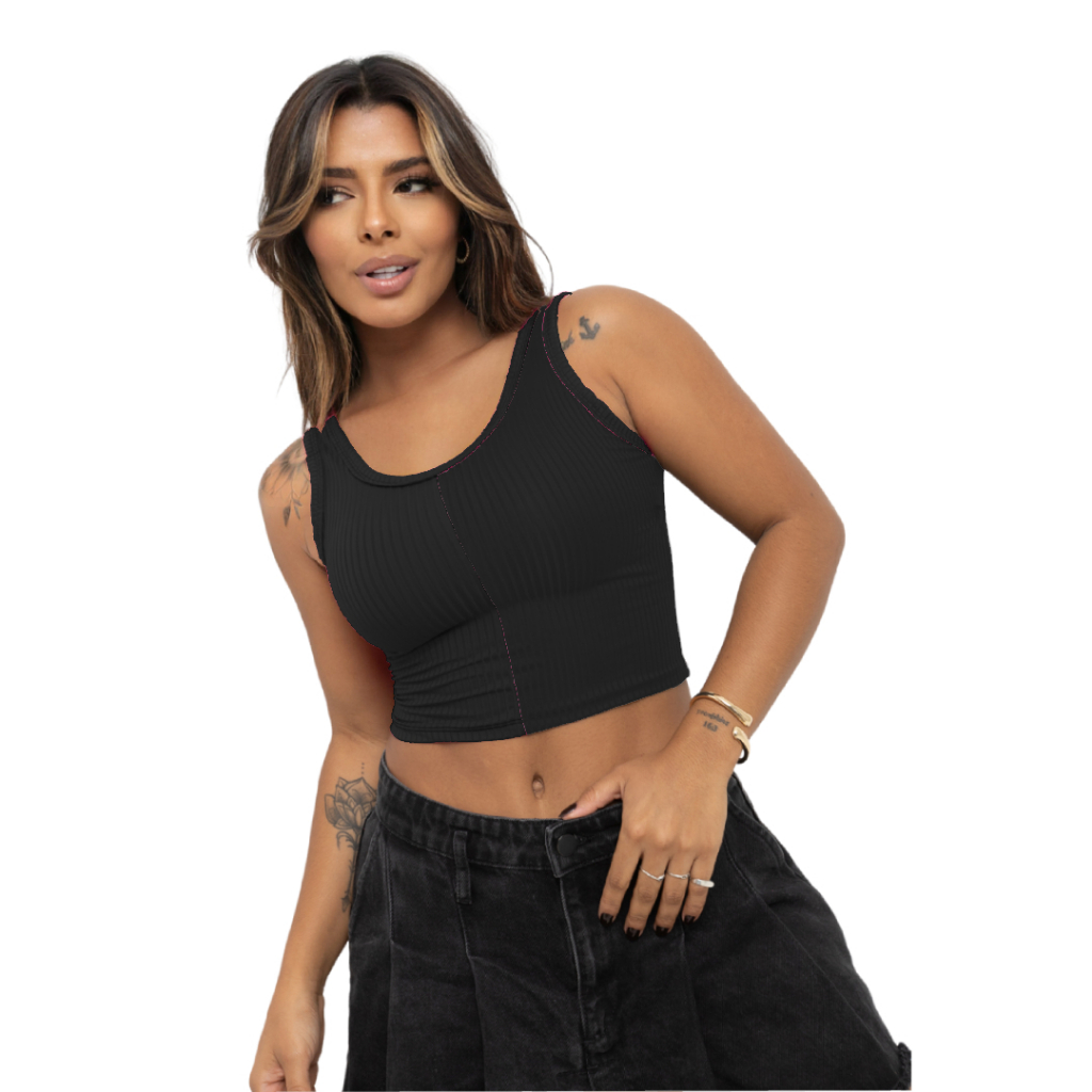 cropped feminino canelado gola u preto