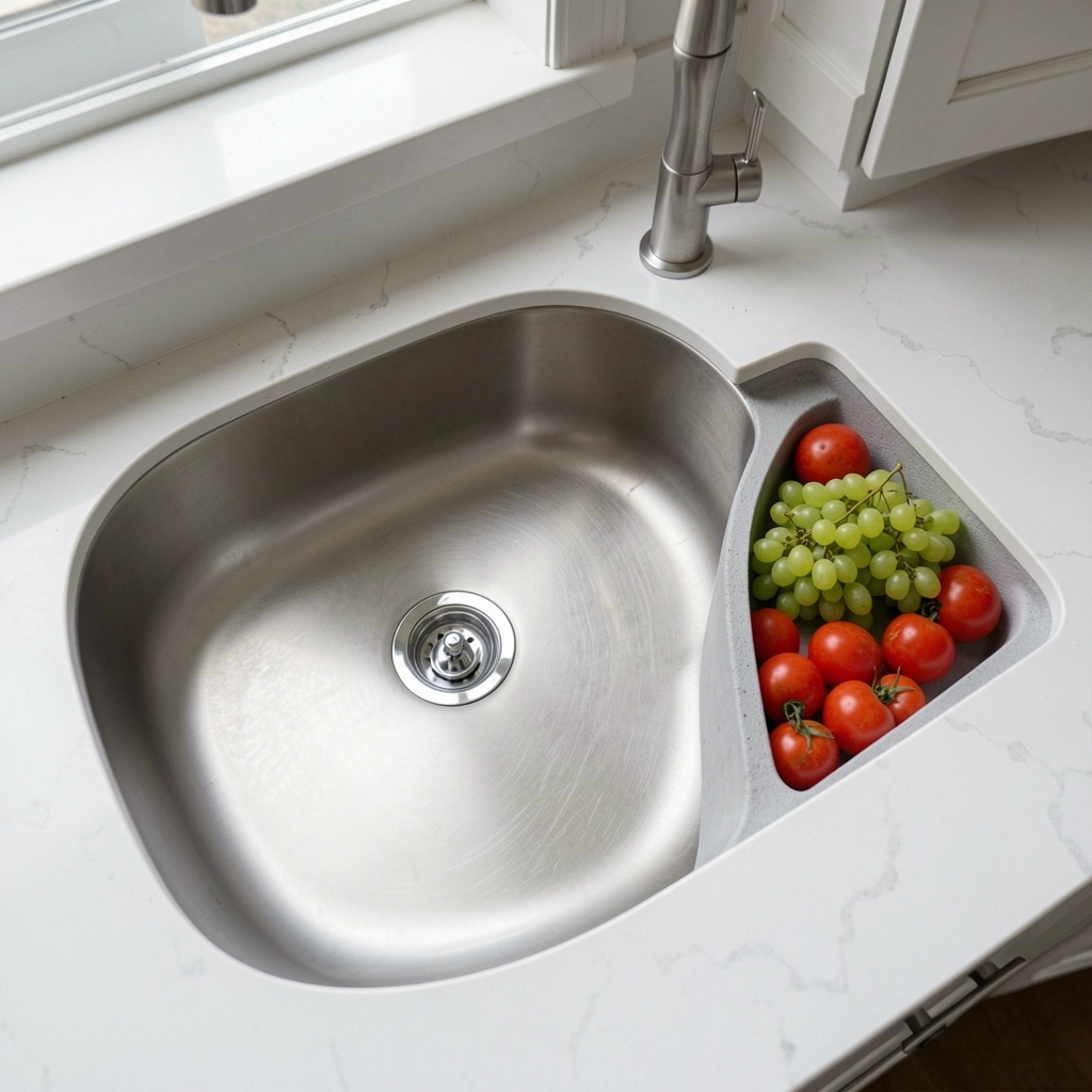 Cozinha com bancada de quartzo, cuba de inox embutida e armários brancos.