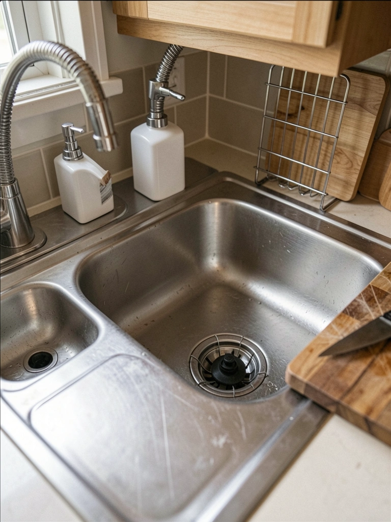 Cuba de inox com cesto, tábua de madeira e grid em cozinha planejada.