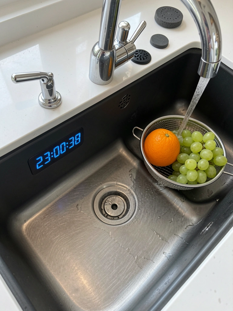 Cuba retangular de inox embutida em bancada de silestone cinza, cozinha minimalista com armários claros.