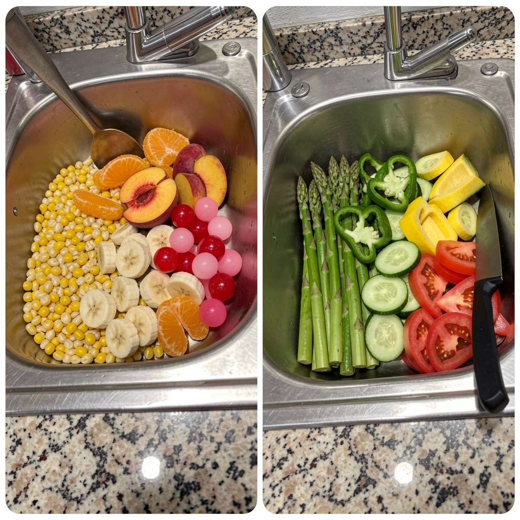 Cuba inox dupla embutida em bancada de granito com utensílios ao lado.