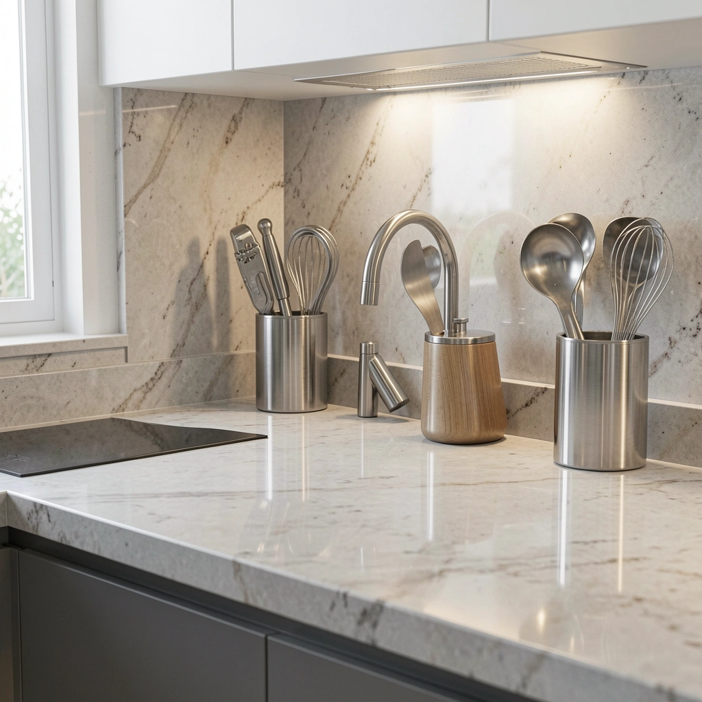 Bancada de quartzito polido com reflexos de aço inox e utensílios metálicos sob luz natural.